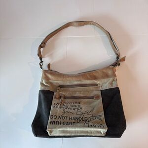 Canvas & Suede Two-Tone Shoulder Bag - Tan and Black myra bag